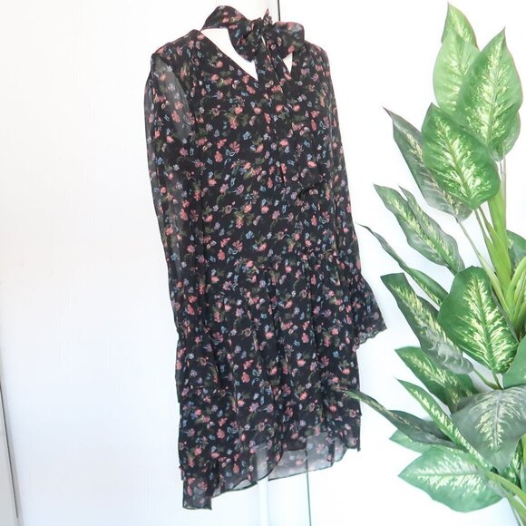 Joie Jamira Black 100% Silk Floral Tie Neck Lined Tiered Ruffle Mini Swing Dress - Picture 6 of 15